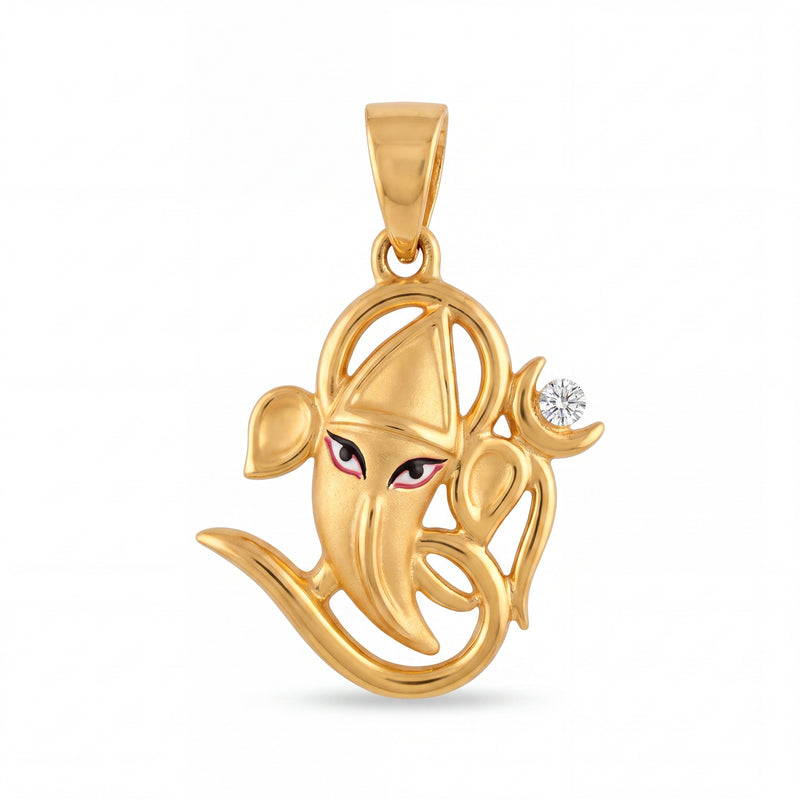 Divine 22KT yellow gold pendant featuring an artistic Lord Ganesha design with enamel eye detailing and a single diamond accent on a white background.