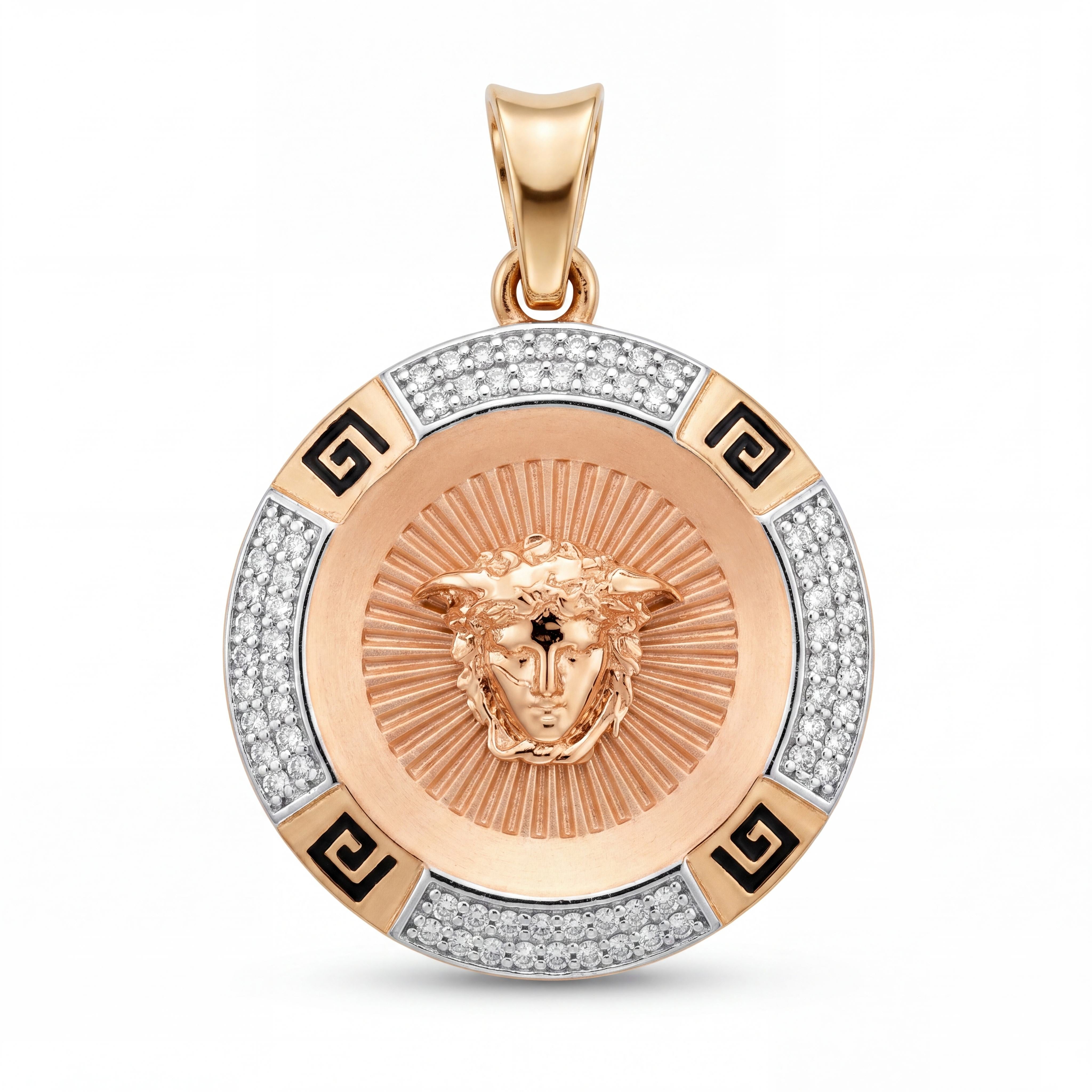 Luxury 22KT gold round pendant featuring a Medusa-inspired face motif, radiant engraved center, diamond-studded outer ring, and black Greek key accents on a white background.