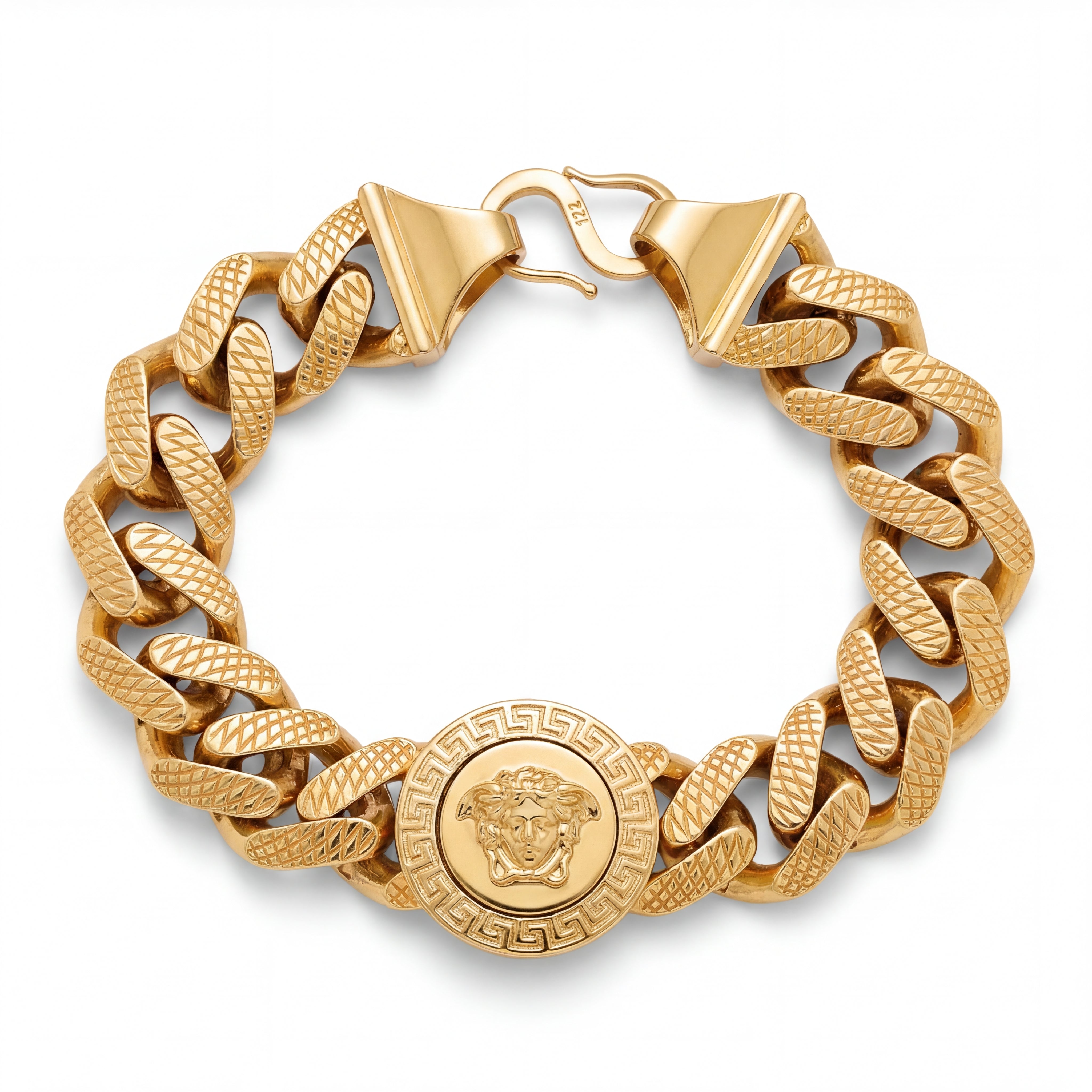 Bold 22KT gold bracelet featuring chunky textured chain links with Medusa coin centerpiece on a white background.