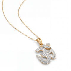 Elegant 22KT gold necklace featuring a sparkling Om symbol pendant studded with diamonds on a white background.