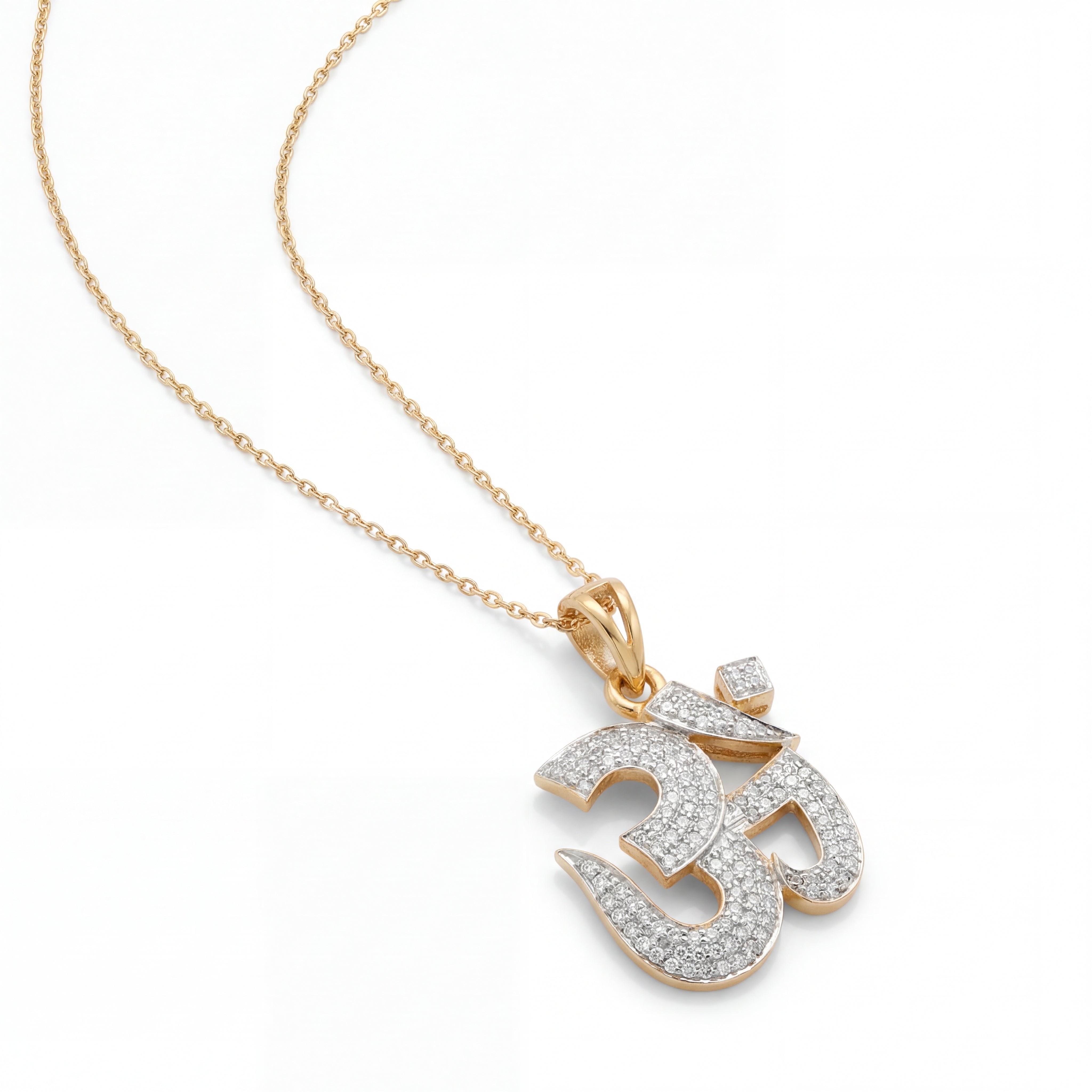 Elegant 22KT gold necklace featuring a sparkling Om symbol pendant studded with diamonds on a white background.