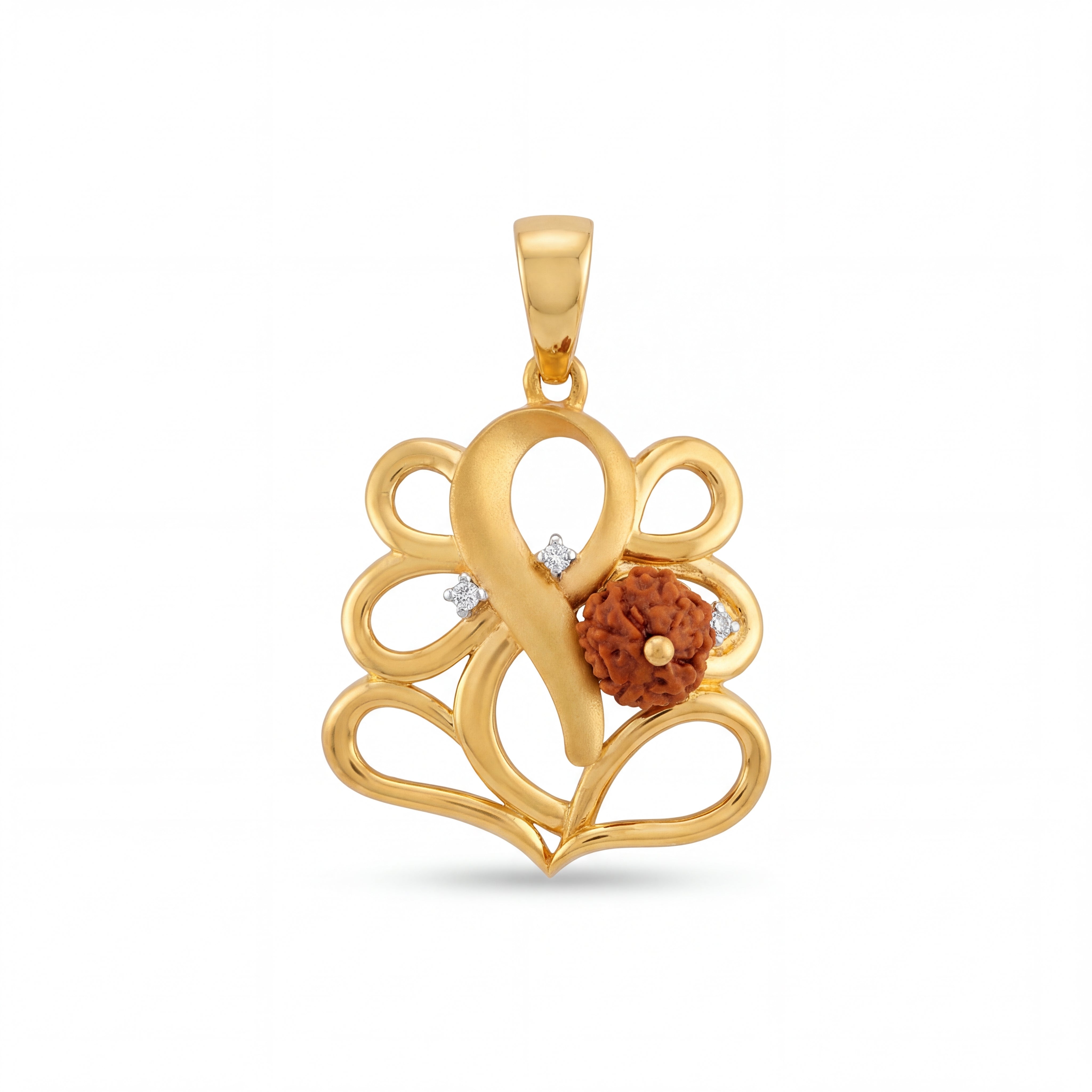 Spiritual 22KT yellow gold pendant featuring an artistic Om-inspired openwork design with natural Rudraksha bead and diamond accents on a white background.