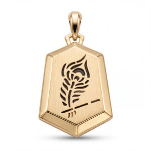 Elegant 22KT yellow gold geometric pendant featuring a brushed finish with intricate peacock feather engraving on a white background.