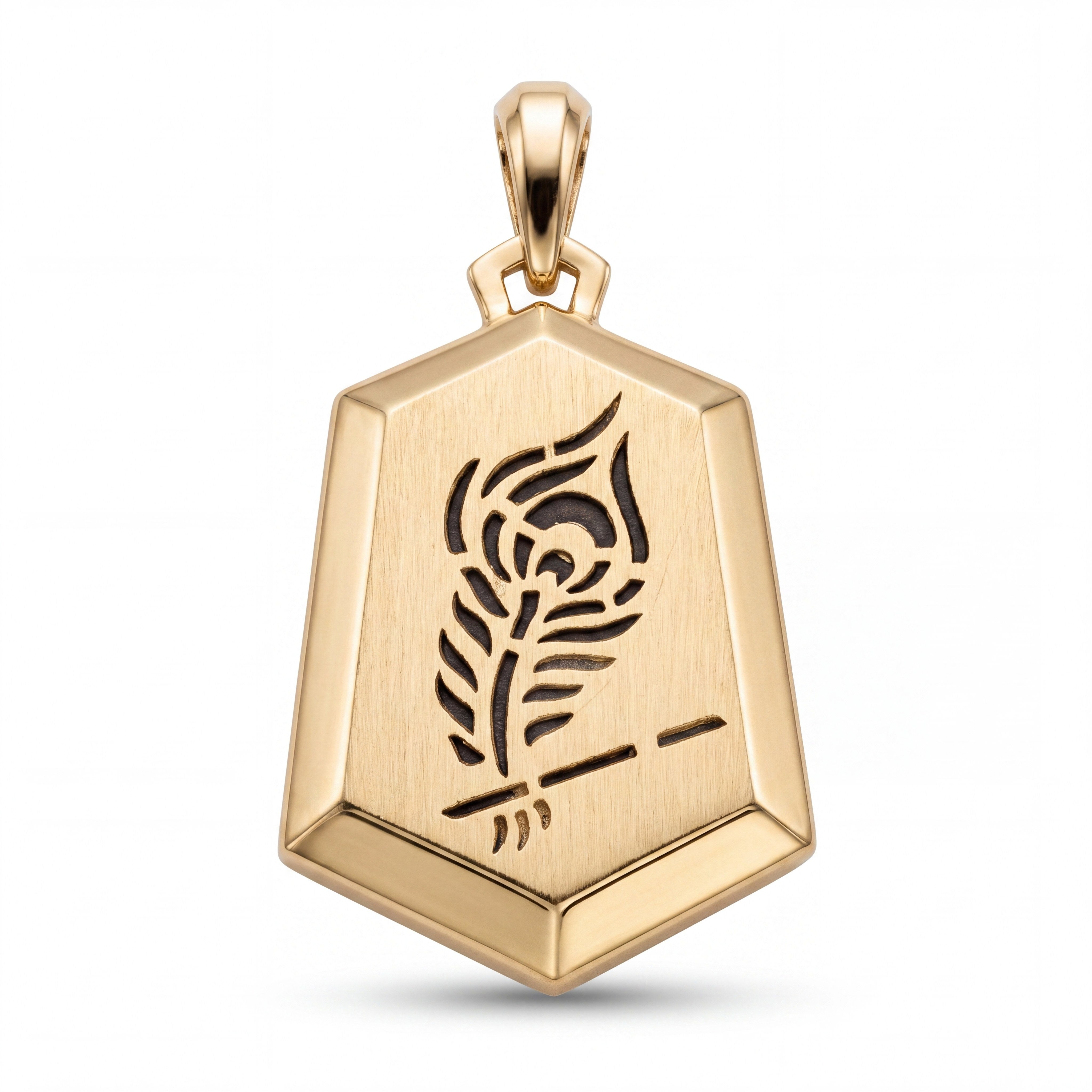 Elegant 22KT yellow gold geometric pendant featuring a brushed finish with intricate peacock feather engraving on a white background.