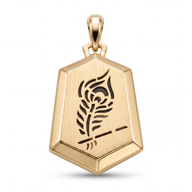 Elegant 22KT yellow gold geometric pendant featuring a brushed finish with intricate peacock feather engraving on a white background.