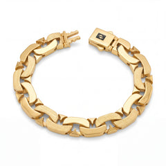 Luxurious 22KT gold men’s bracelet featuring statement interlocked links with dual finish detailing on a white background.
