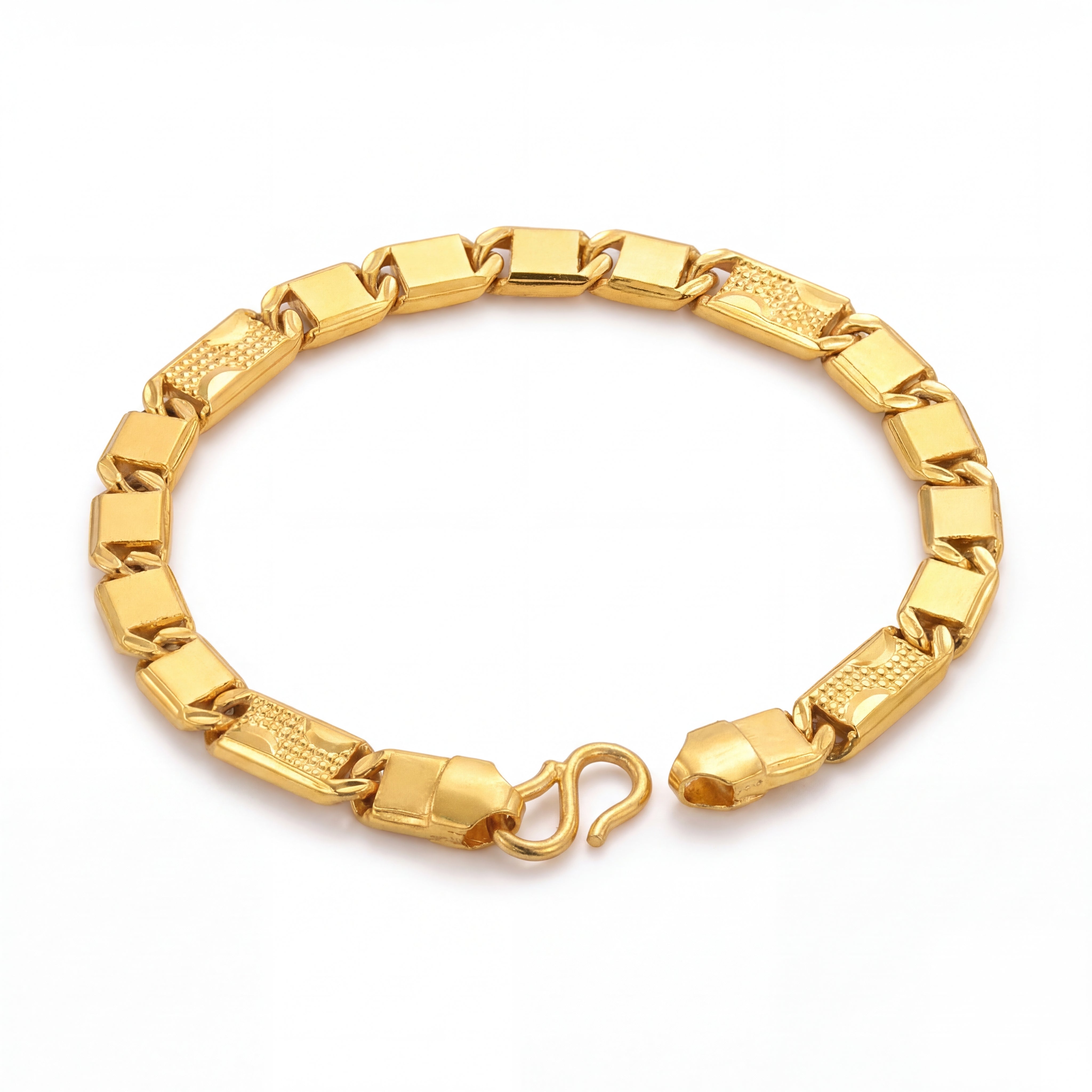 Elegant 22KT gold bracelet featuring rectangular polished links with textured detailing on a white background.