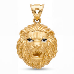 Bold 22KT yellow gold pendant featuring a detailed roaring lion face design with textured mane and enamel eye accents on a white background.