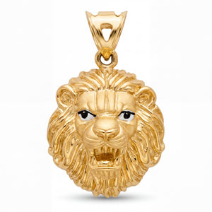 Bold 22KT yellow gold pendant featuring a detailed roaring lion face design with textured mane and enamel eye accents on a white background.