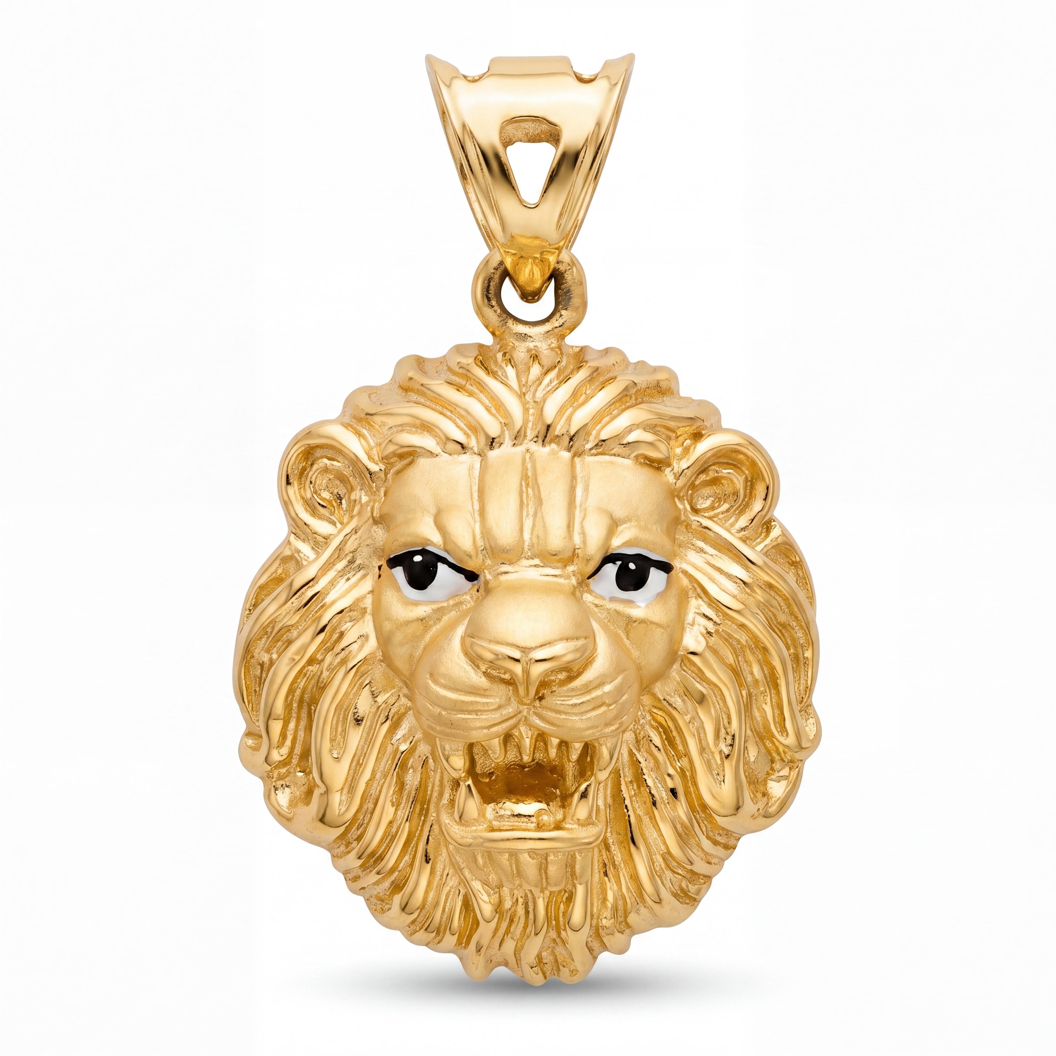 Bold 22KT yellow gold pendant featuring a detailed roaring lion face design with textured mane and enamel eye accents on a white background.