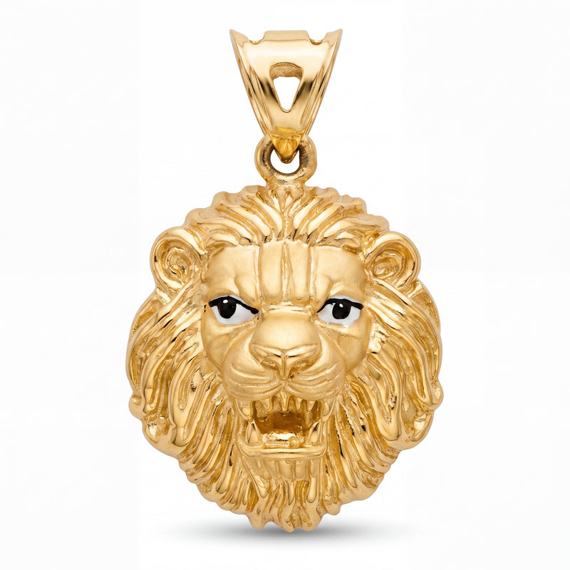 Bold 22KT yellow gold pendant featuring a detailed roaring lion face design with textured mane and enamel eye accents on a white background.