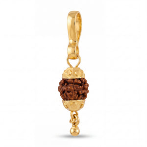 Sacred 22KT yellow gold pendant featuring a natural Rudraksha bead with decorative gold caps and a dangling gold bead charm on a white background.