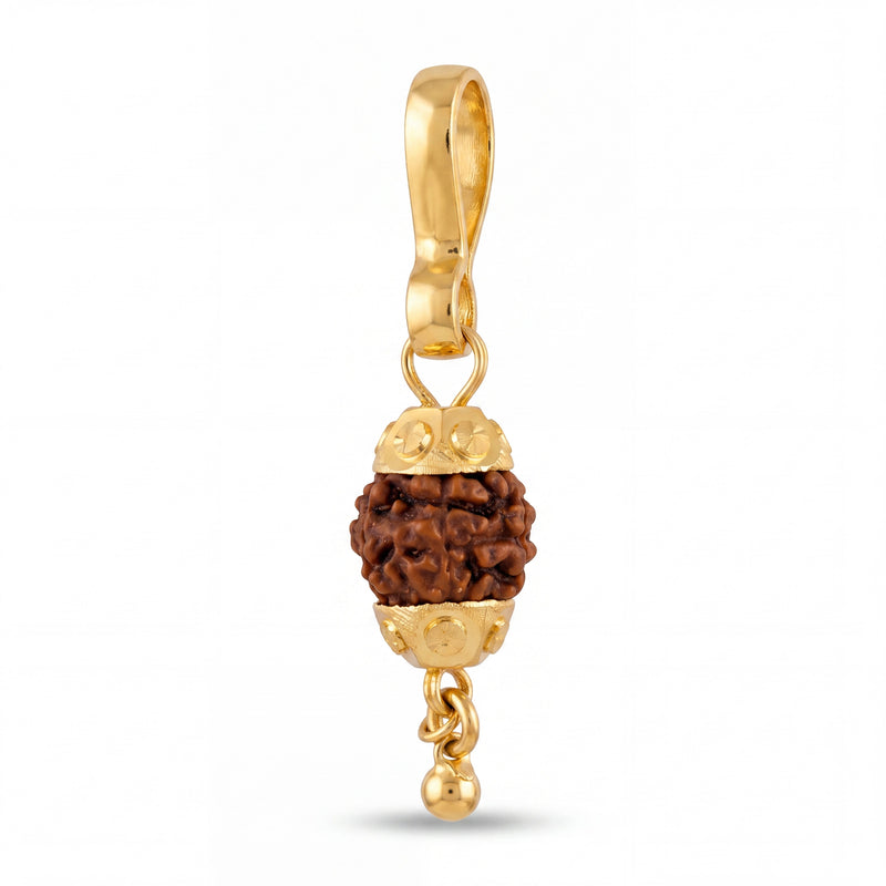 Sacred 22KT yellow gold pendant featuring a natural Rudraksha bead with decorative gold caps and a dangling gold bead charm on a white background.