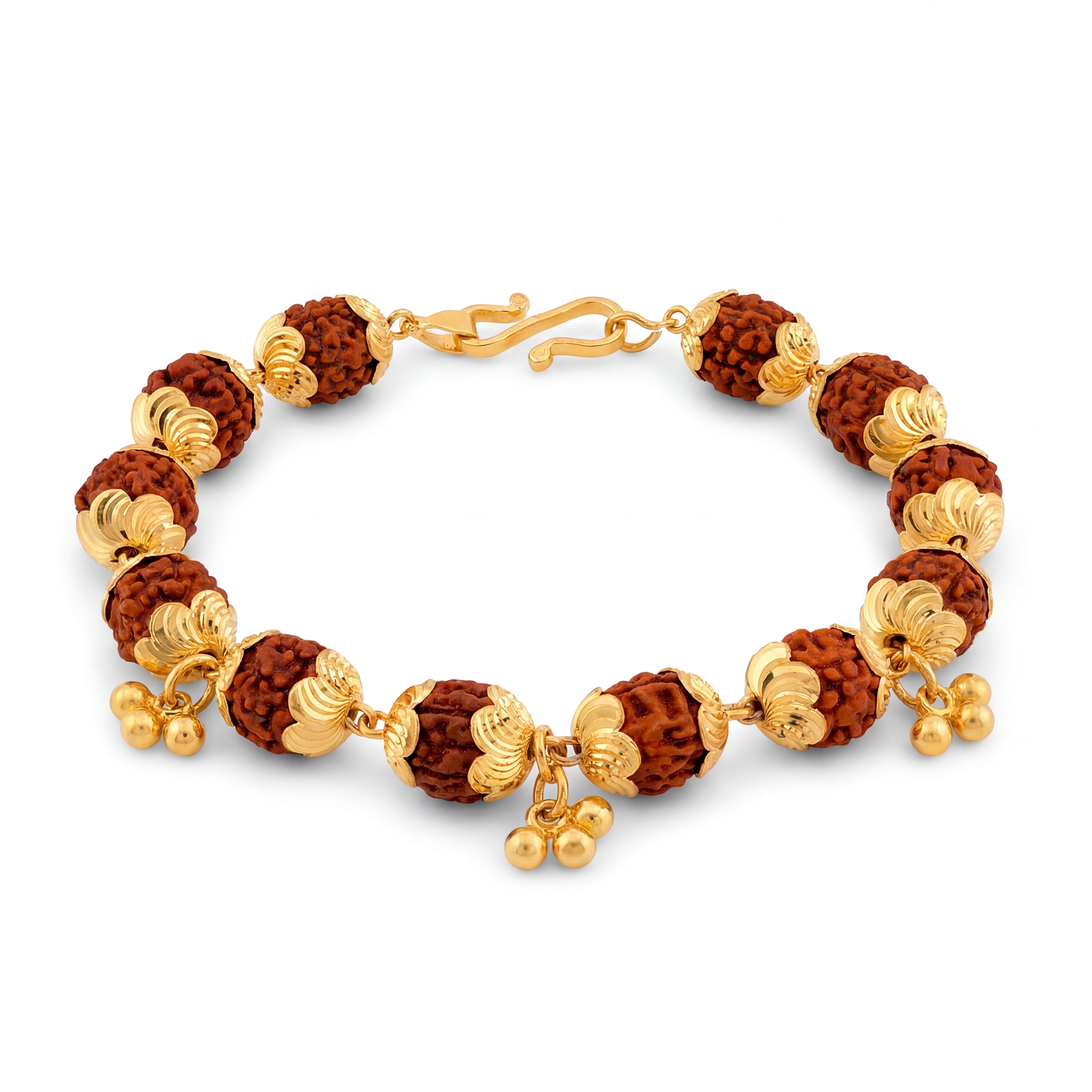 Sacred 22KT yellow gold bracelet featuring natural Rudraksha beads with decorative gold caps and dangling gold bead charms on a white background.