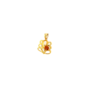 Spiritual 22KT yellow gold pendant featuring an artistic Om-inspired openwork design with natural Rudraksha bead and diamond accents on a white background.