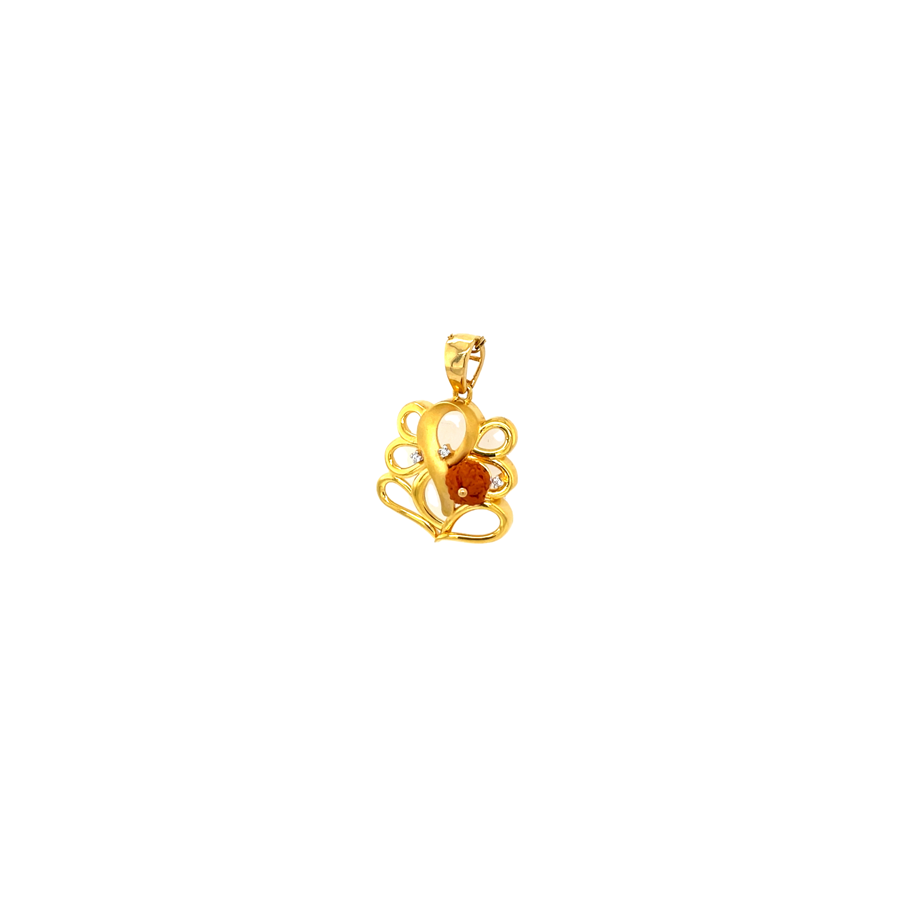 Spiritual 22KT yellow gold pendant featuring an artistic Om-inspired openwork design with natural Rudraksha bead and diamond accents on a white background.
