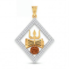 Divine 22KT gold pendant featuring a diamond-studded geometric frame with Trishul, Shivling motif, and natural Rudraksha bead centerpiece on a white background.