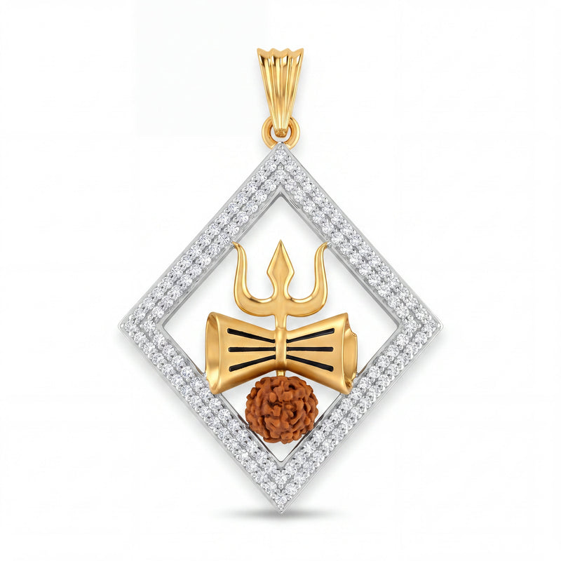 Divine 22KT gold pendant featuring a diamond-studded geometric frame with Trishul, Shivling motif, and natural Rudraksha bead centerpiece on a white background.