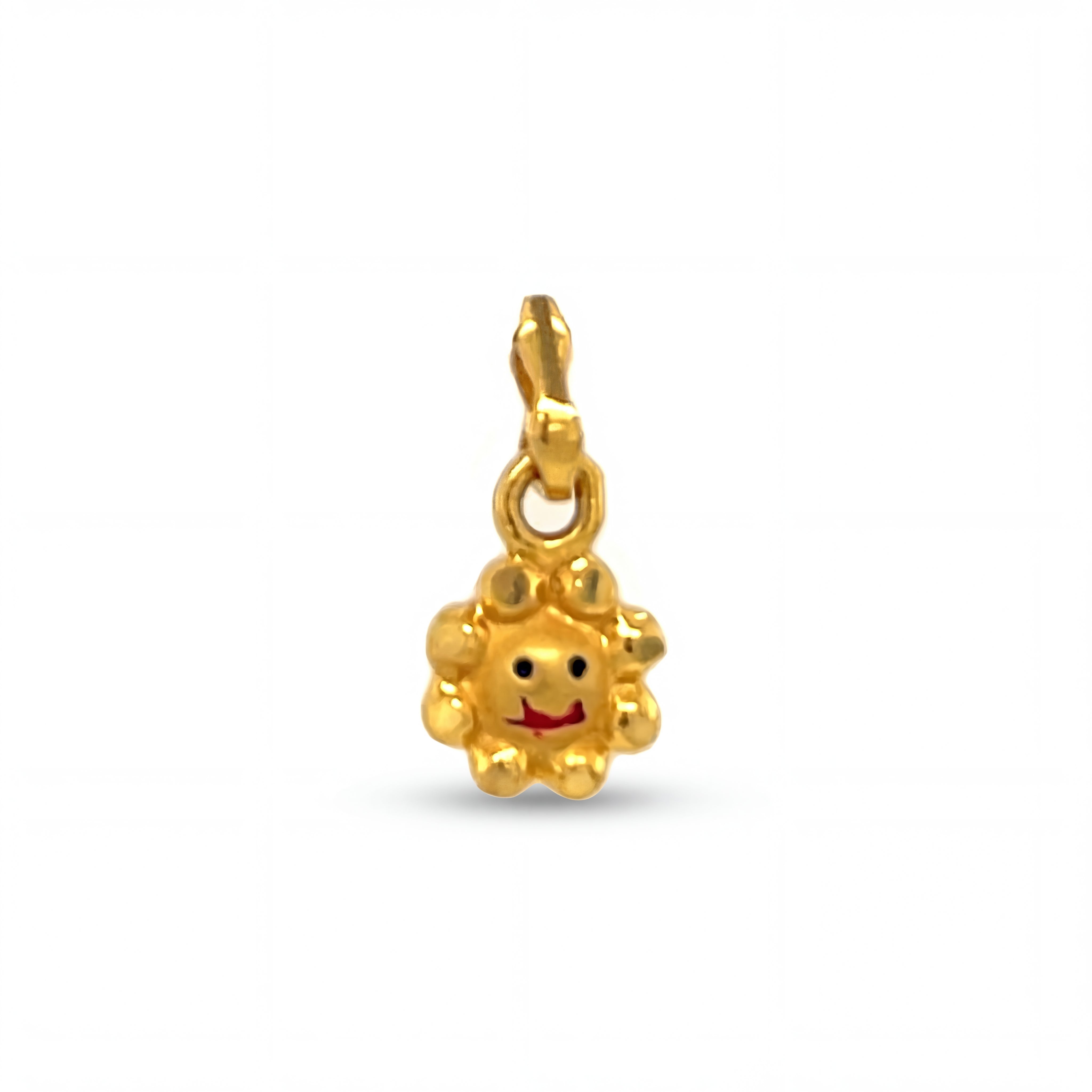 Cute 22KT yellow gold pendant featuring a cheerful smiling sun face design with enamel detailing on a white background.