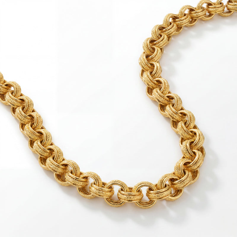 22KT BIS Hallmarked gold textured double link chain featuring intricate interlocking oval links with a premium matte finish. A luxurious handcrafted yellow gold chain for men and women, perfect for everyday elegance, festive occasions, and gifting from Pachchigar Jewellers.