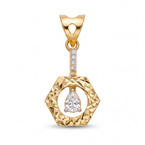 Stylish 22KT yellow gold pendant featuring a textured hexagon frame, diamond-studded bail, and pear-shaped solitaire diamond drop centerpiece on a white background.