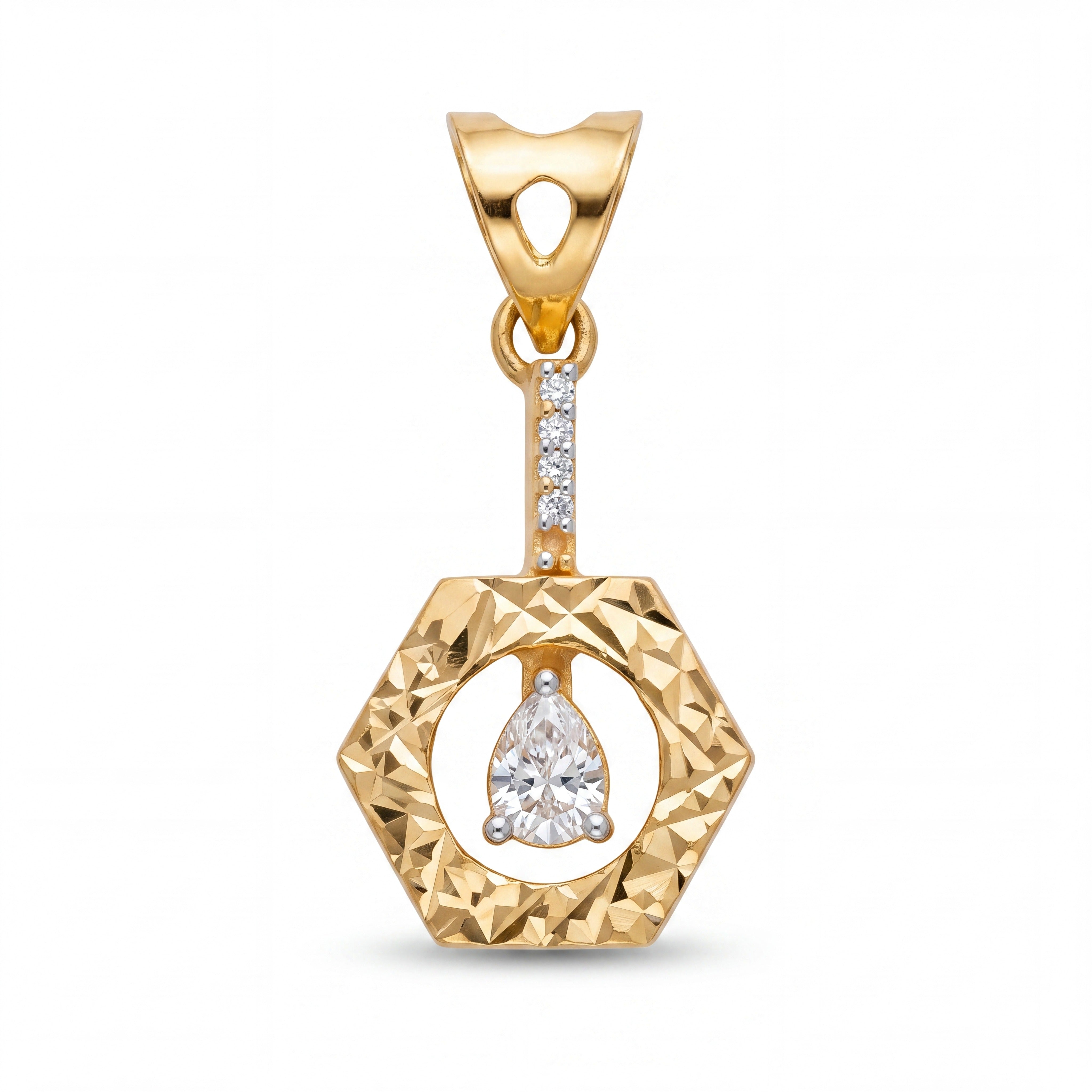 Stylish 22KT yellow gold pendant featuring a textured hexagon frame, diamond-studded bail, and pear-shaped solitaire diamond drop centerpiece on a white background.