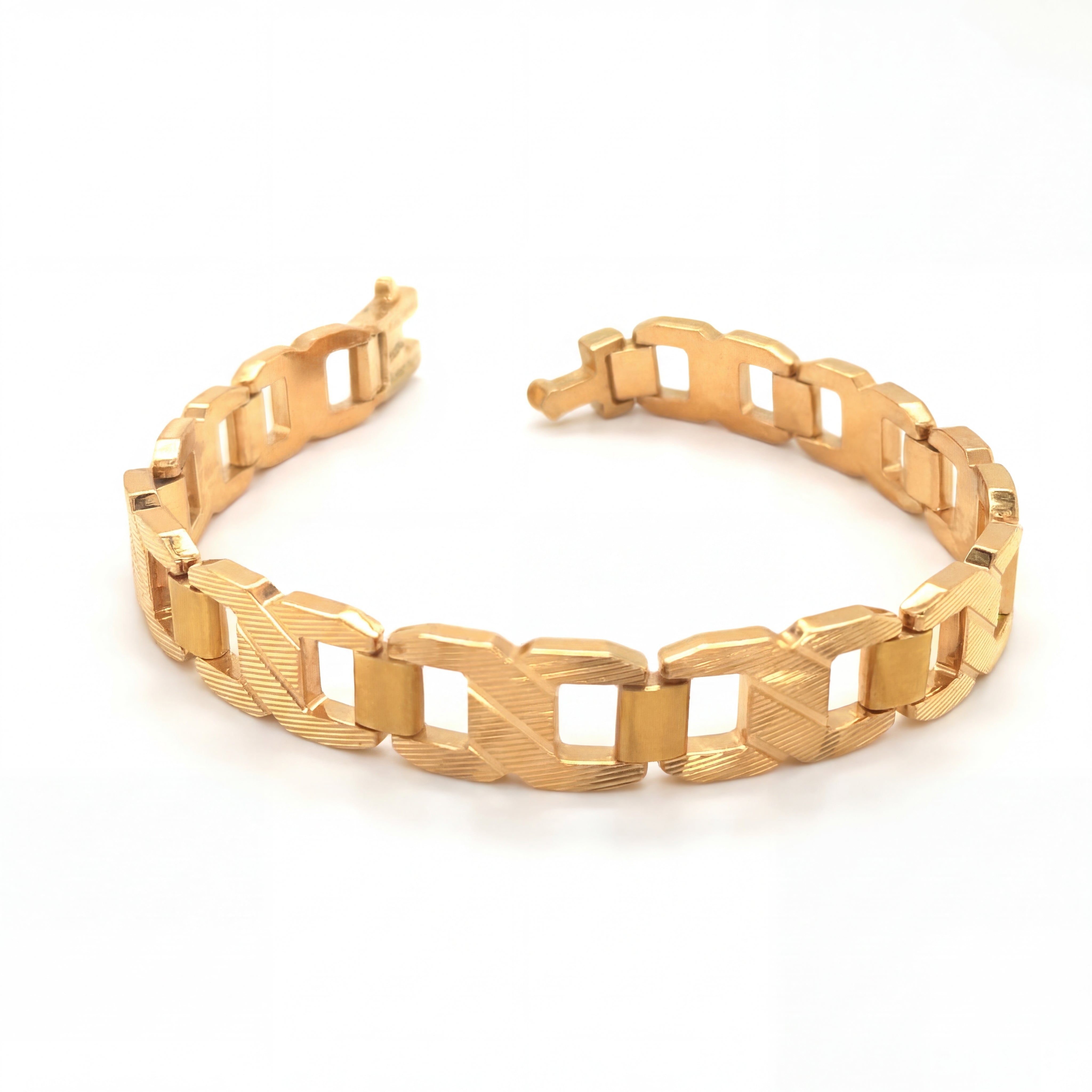 Stylish 22KT yellow gold bracelet featuring bold rectangular textured links with open geometric cutout detailing on a white background.