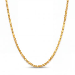 Elegant 22KT yellow gold chain necklace featuring textured cylindrical links and polished patterned chain detailing on a white background.