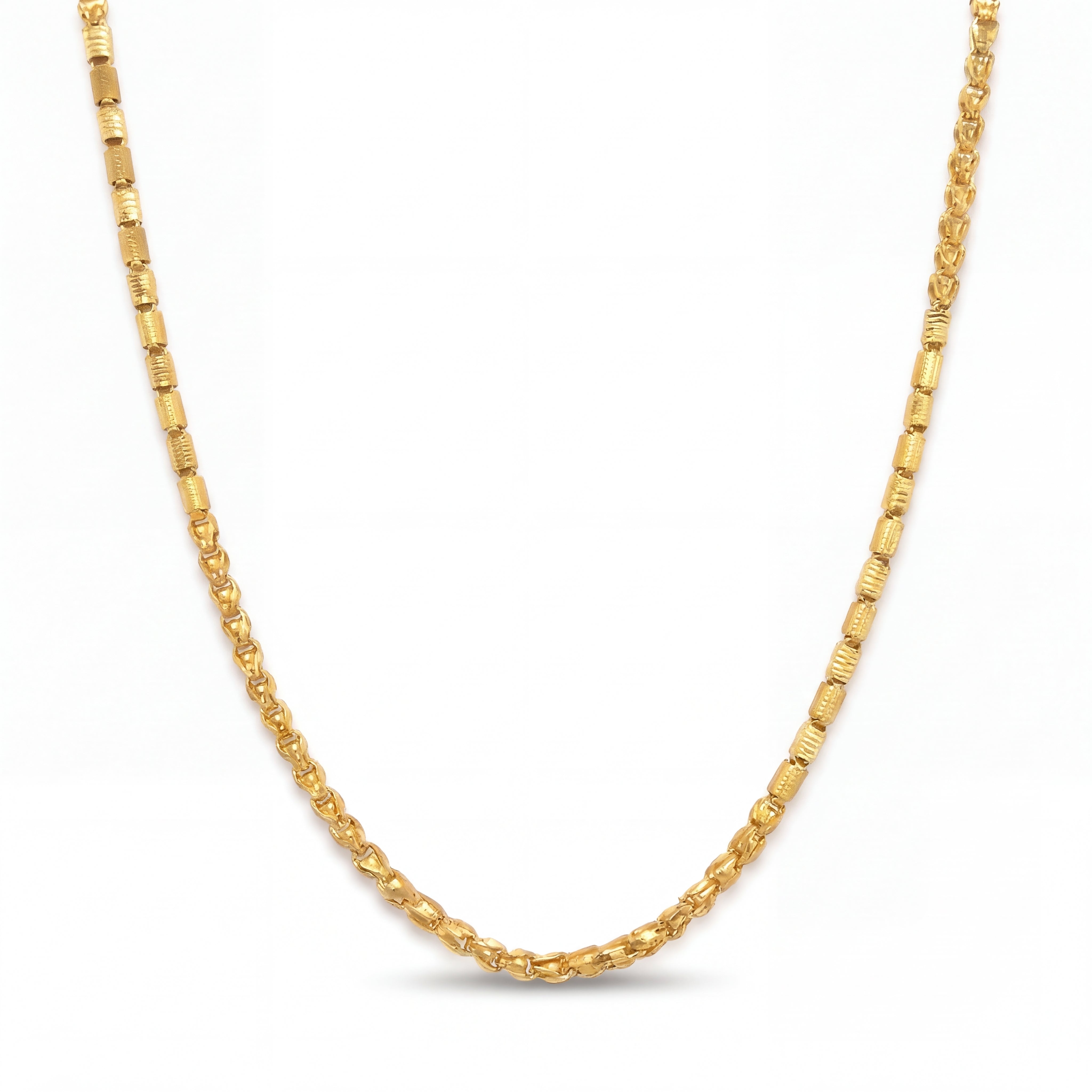 Elegant 22KT yellow gold chain necklace featuring textured cylindrical links and polished patterned chain detailing on a white background.