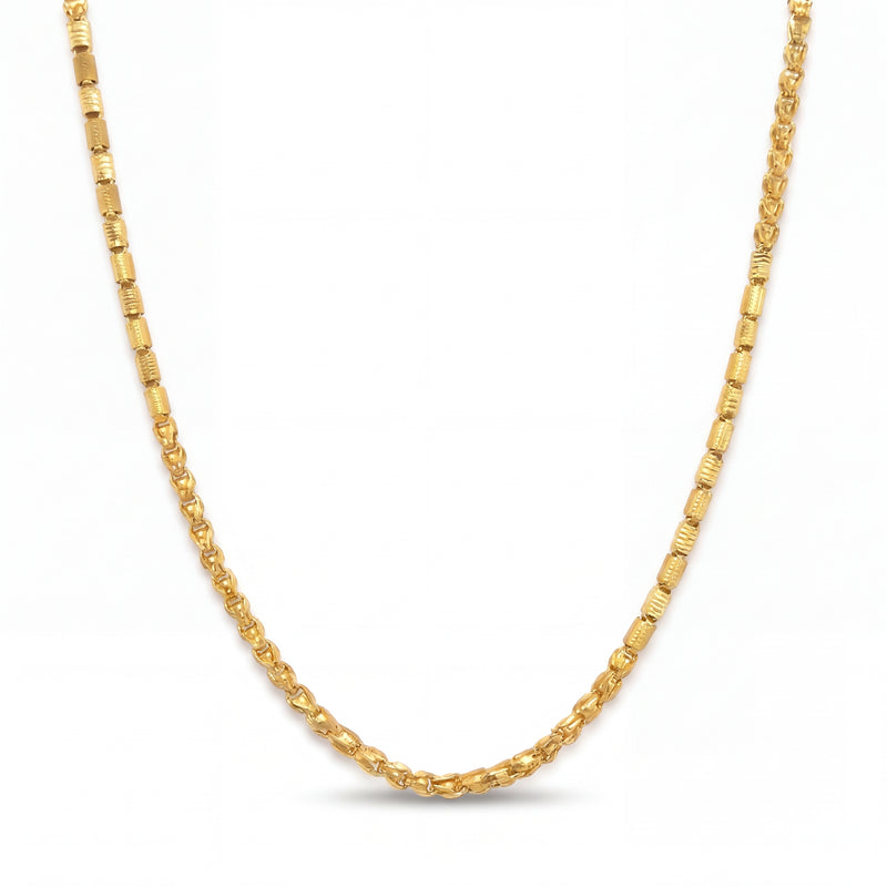 Elegant 22KT yellow gold chain necklace featuring textured cylindrical links and polished patterned chain detailing on a white background.