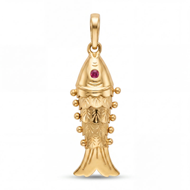 Elegant 22KT yellow gold pendant featuring a traditional fish motif with engraved detailing, dangling bead accents, and a ruby stone highlight on a white background.