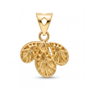 Elegant 22KT yellow gold pendant featuring a triple leaf cluster design with intricate filigree detailing and openwork craftsmanship on a white background.