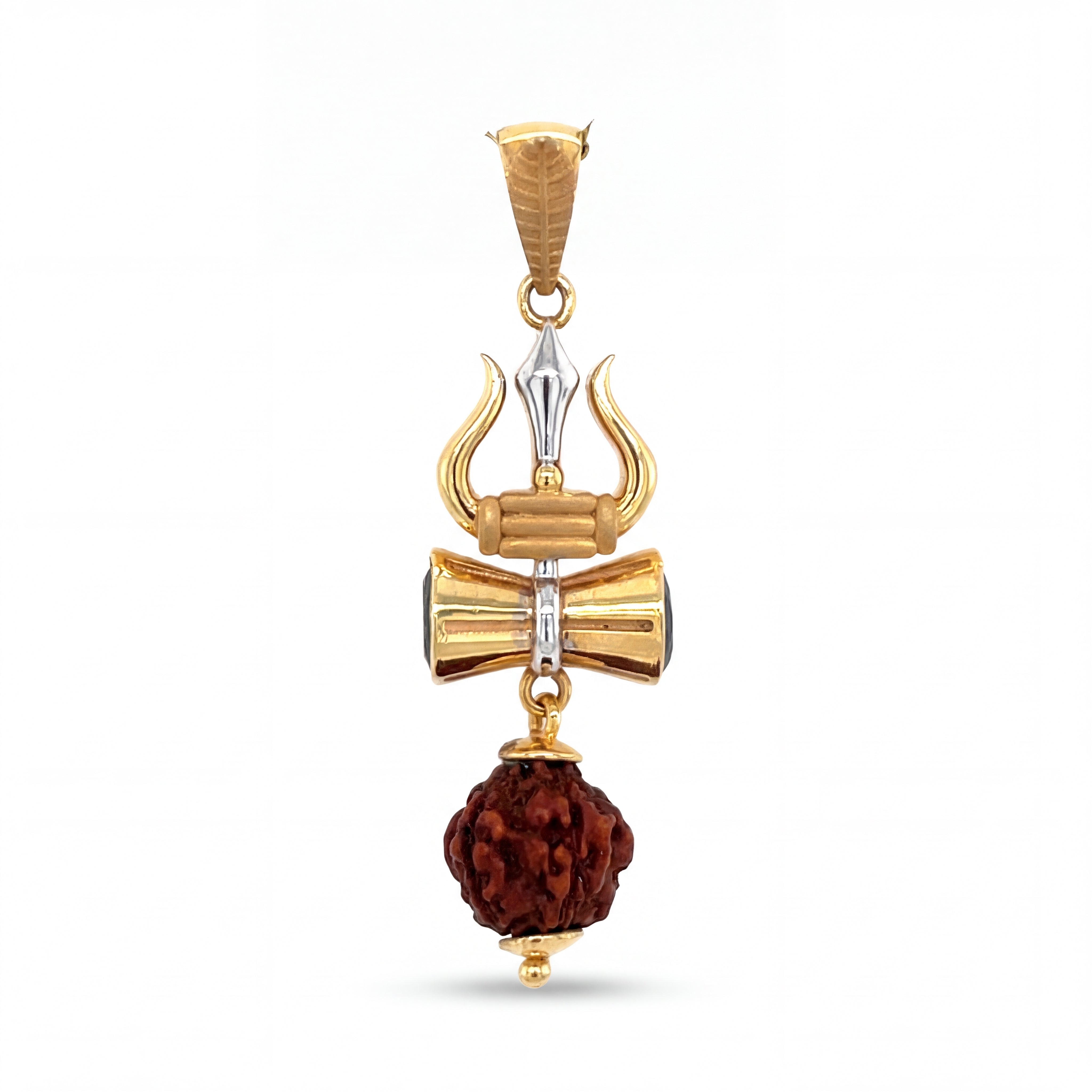 Divine 22KT yellow gold pendant featuring Trishul and Damru motifs with a natural Rudraksha bead drop in a two-tone gold finish on a white background.