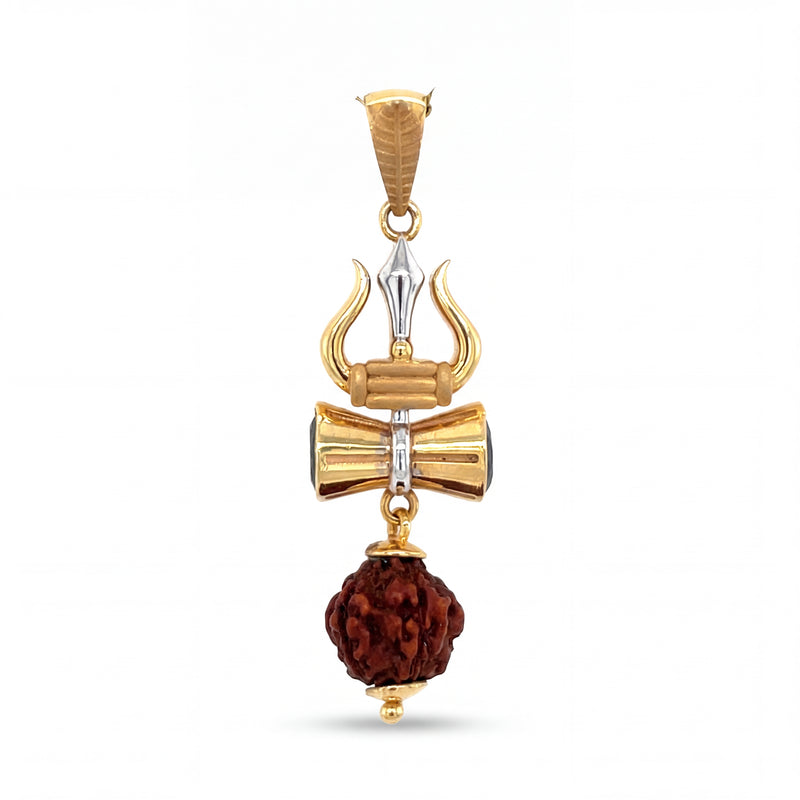 Divine 22KT yellow gold pendant featuring Trishul and Damru motifs with a natural Rudraksha bead drop in a two-tone gold finish on a white background.