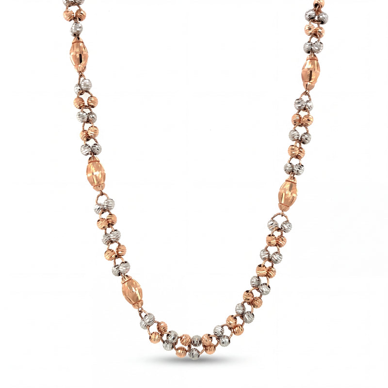 Elegant 22KT gold chain necklace featuring two-tone rose and white gold textured beads with elongated accent links on a white background.