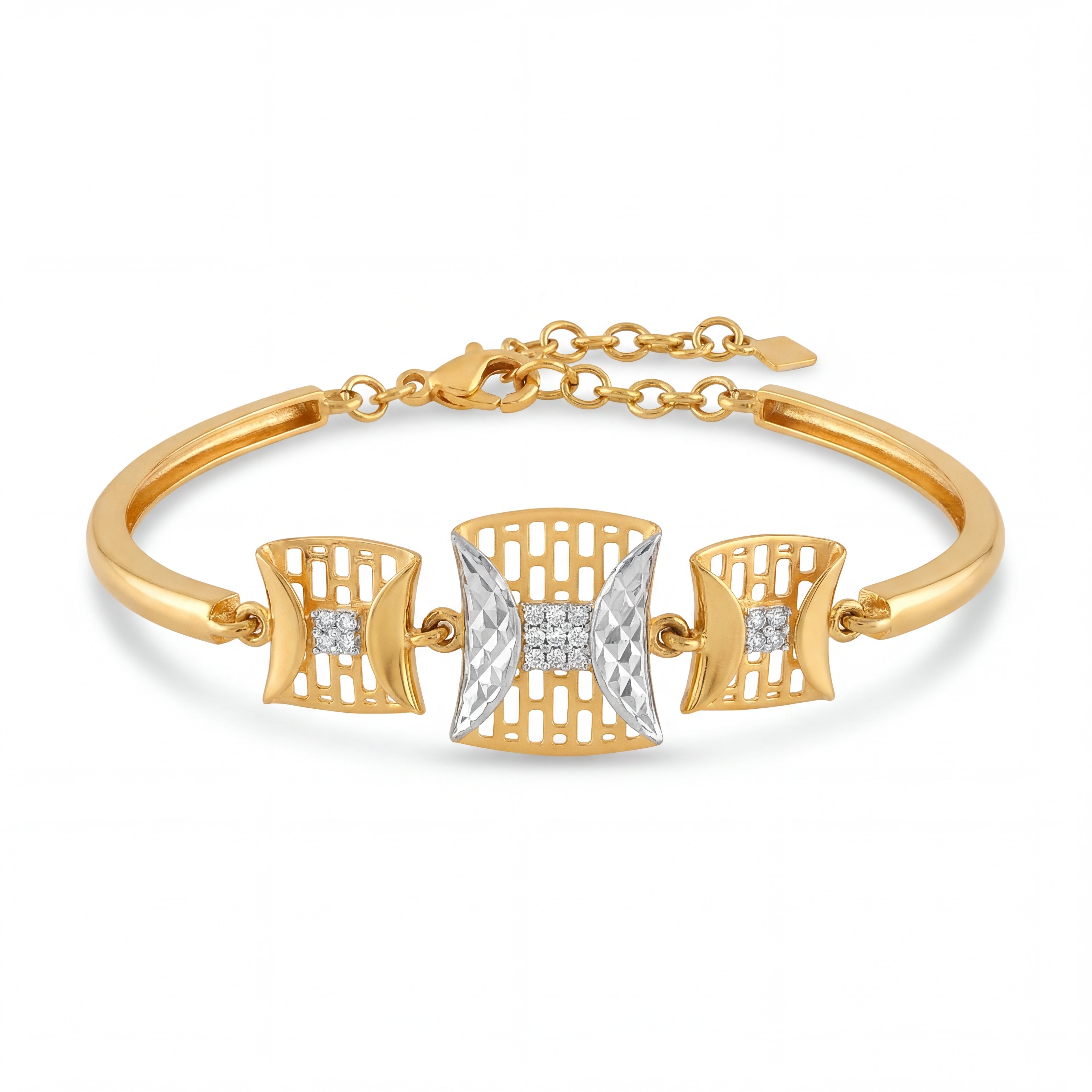 Elegant 22KT gold bracelet featuring three geometric center motifs with white gold accents and diamond detailing on a white background.
