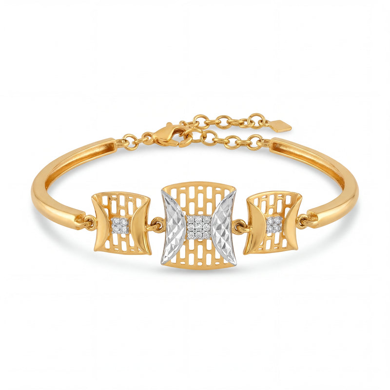Elegant 22KT gold bracelet featuring three geometric center motifs with white gold accents and diamond detailing on a white background.