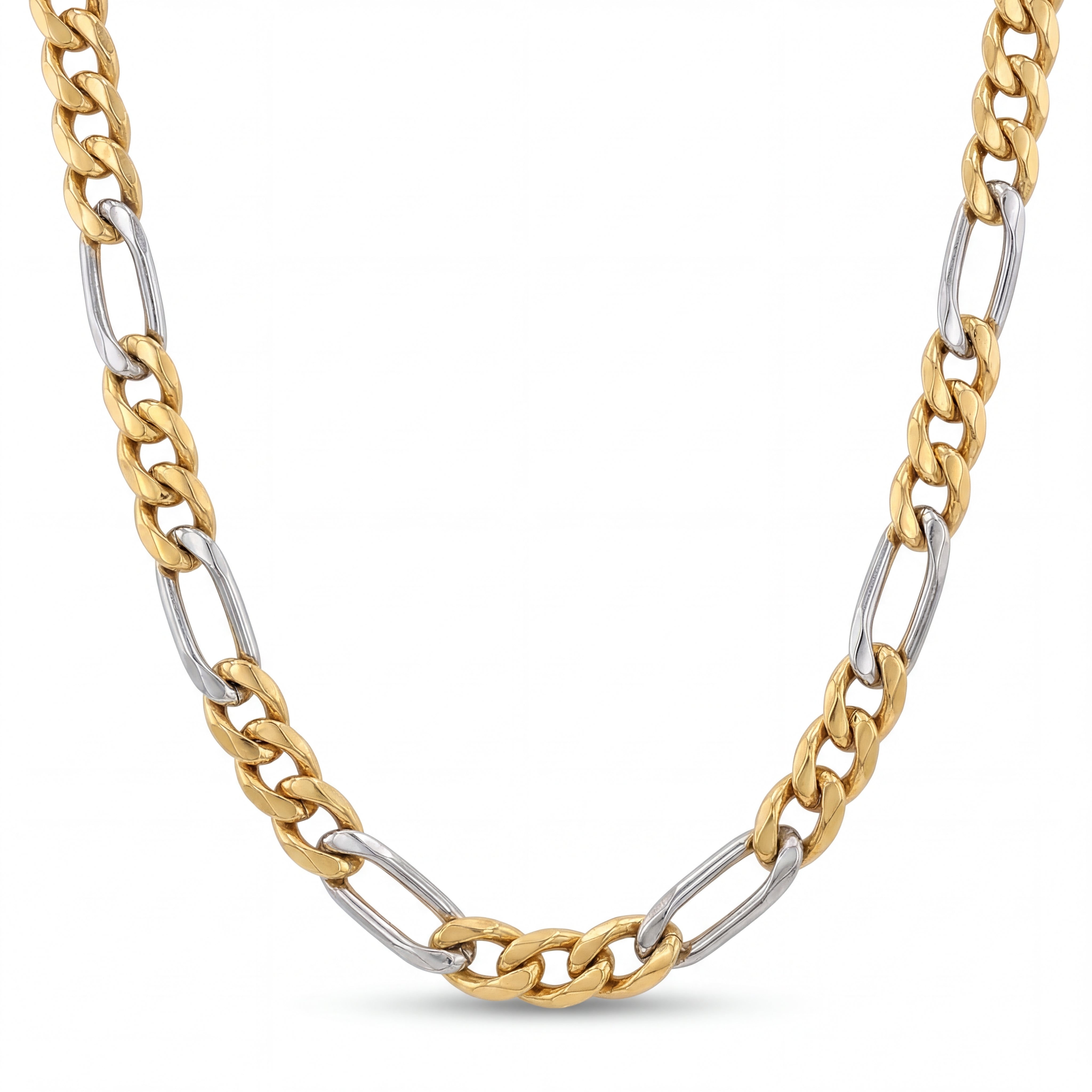 Stylish 22KT yellow gold chain necklace featuring two-tone Figaro link design with alternating polished white and yellow gold links on a white background.