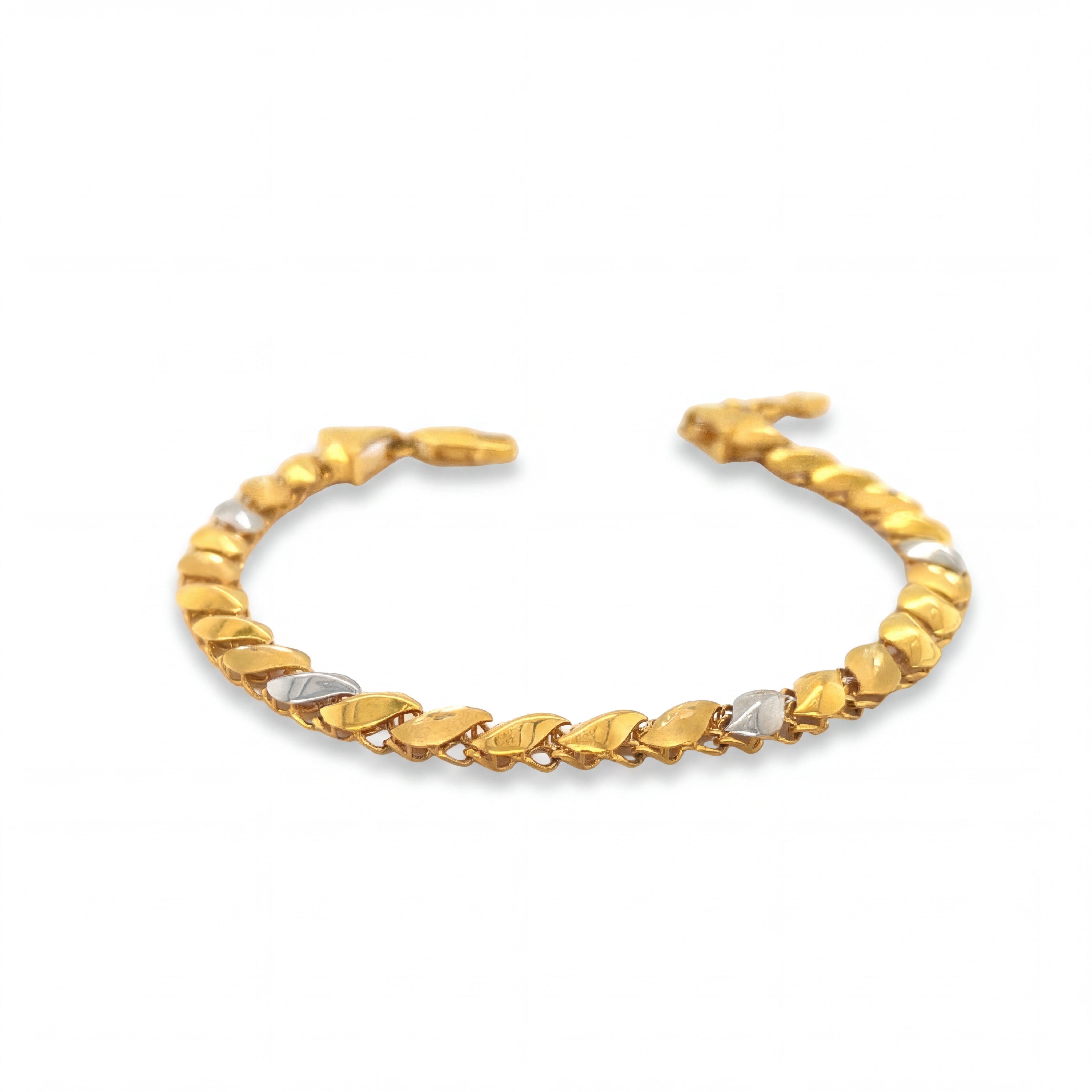 Elegant 22KT gold bracelet featuring alternating leaf-shaped links with white gold accents on a white background.