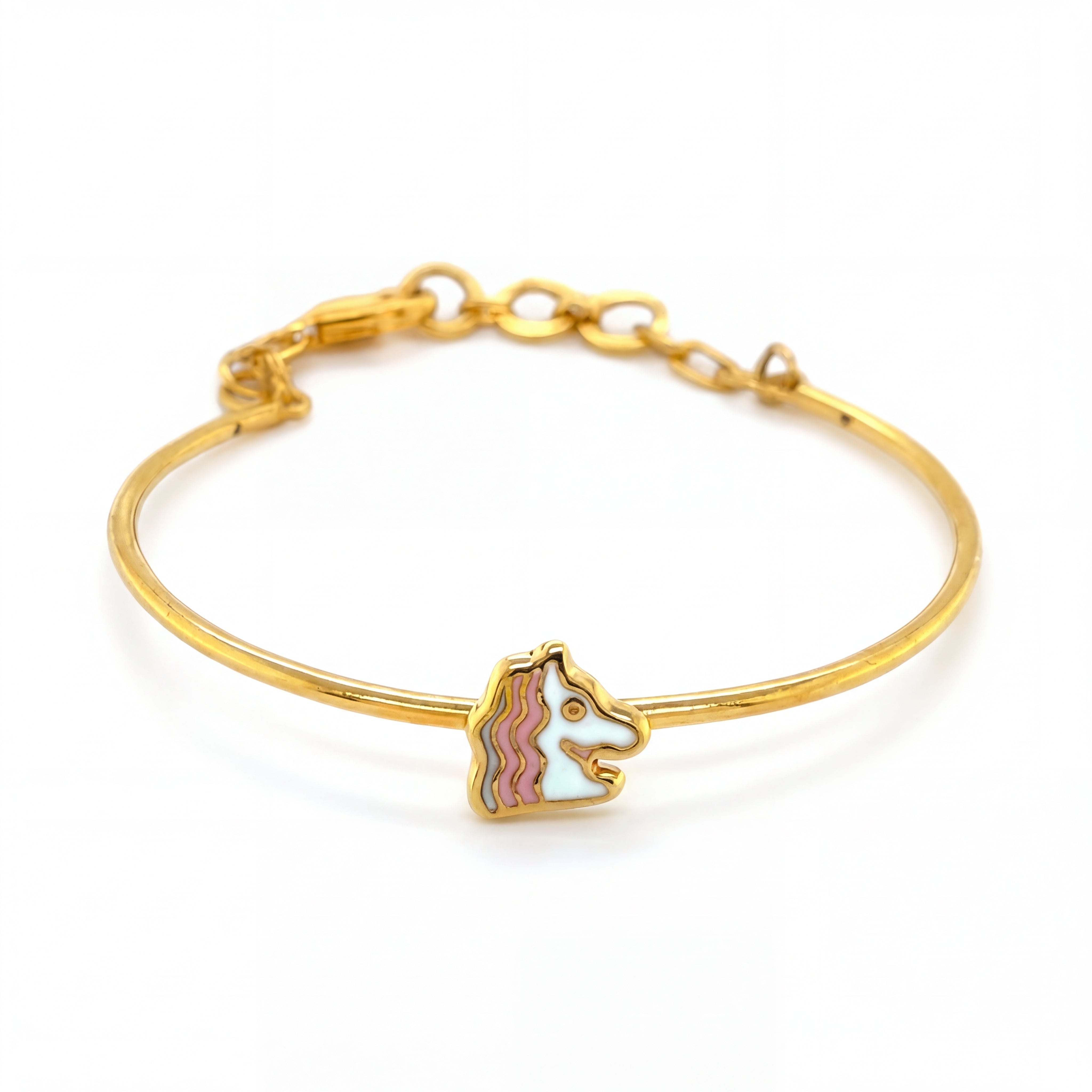 Cute 22KT yellow gold bracelet featuring a sleek adjustable bangle design with colorful enamel unicorn charm on a white background.