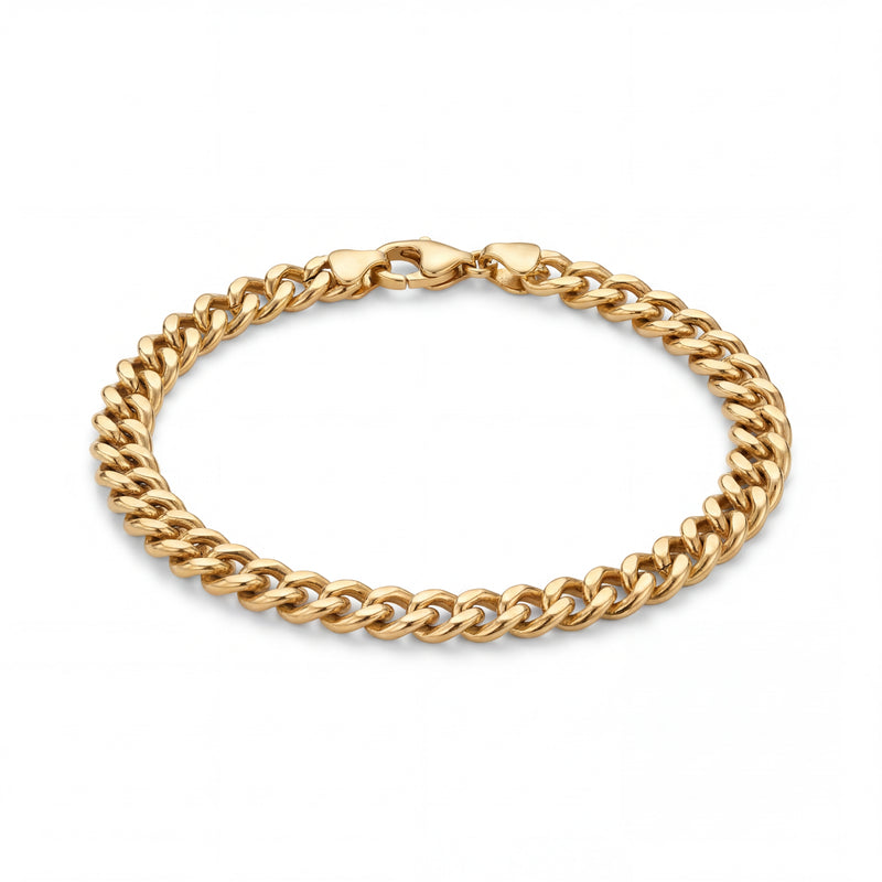22KT yellow gold bracelet featuring polished Miami Cuban curb links with lobster clasp on a white background.