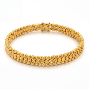 Elegant 22K yellow gold bracelet featuring dual-row textured links with intricate arrow motif detailing and secure clasp on a white background by Pachchigar Jewellers Ashokbhai.