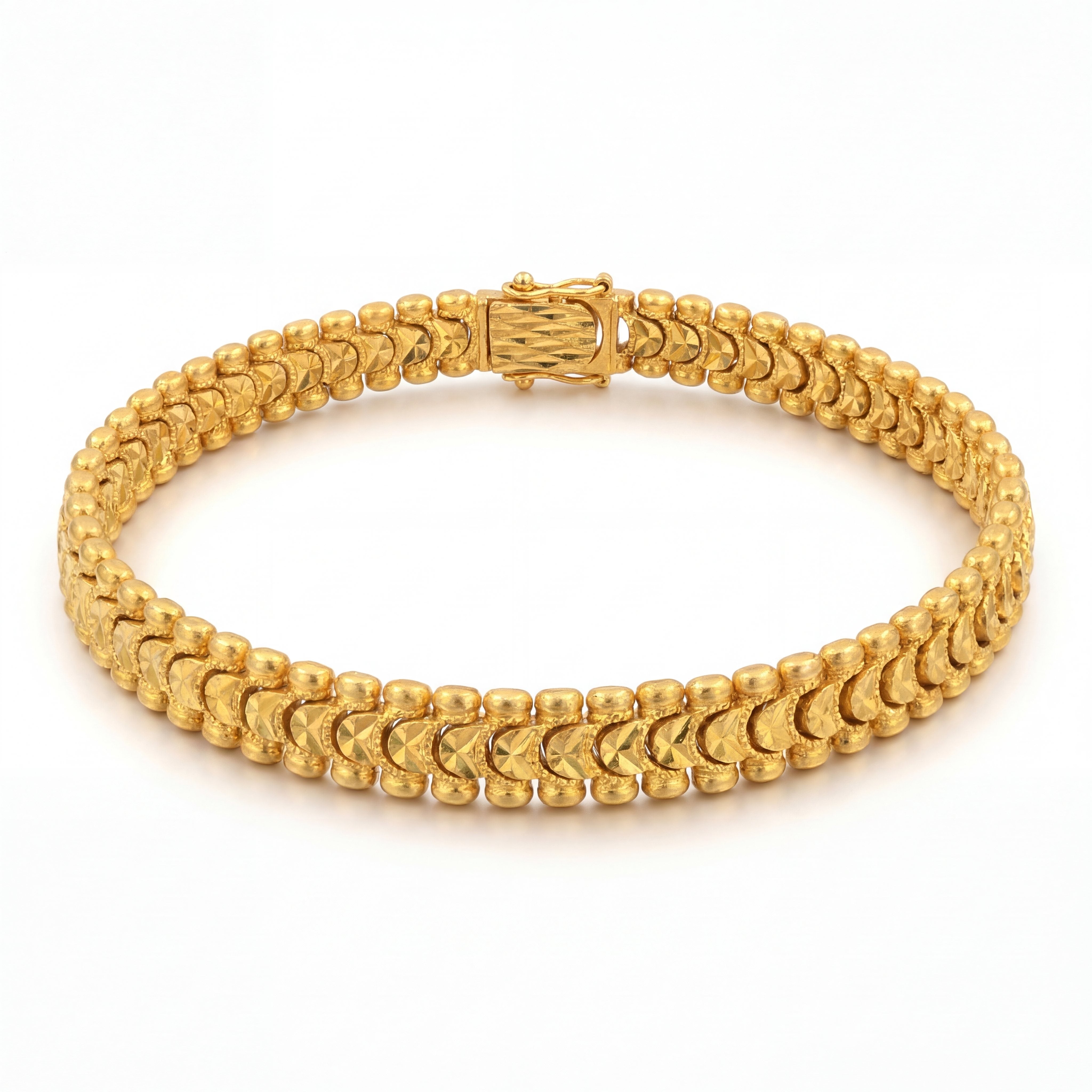 Elegant 22K yellow gold bracelet featuring dual-row textured links with intricate arrow motif detailing and secure clasp on a white background by Pachchigar Jewellers Ashokbhai.