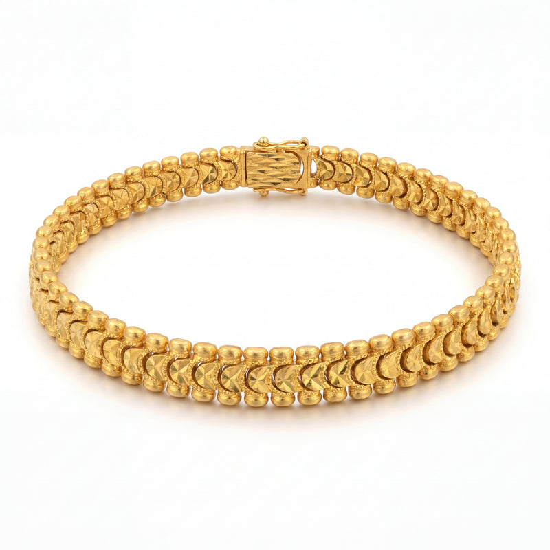 Elegant 22K yellow gold bracelet featuring dual-row textured links with intricate arrow motif detailing and secure clasp on a white background by Pachchigar Jewellers Ashokbhai.
