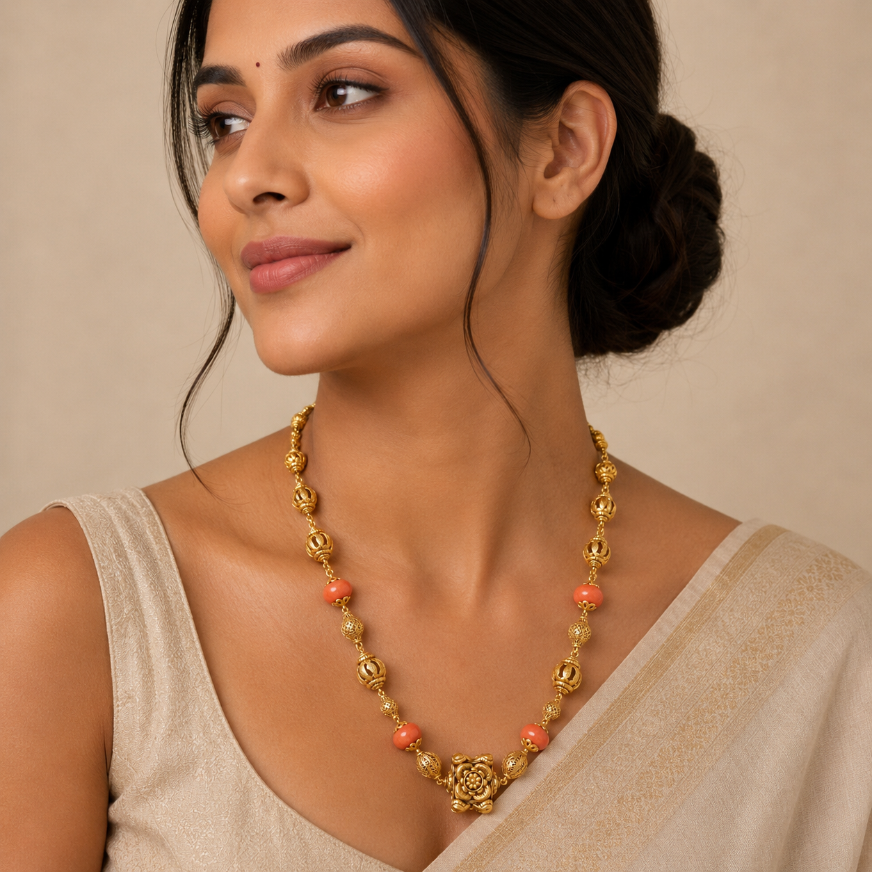 Woman wearing a 22K gold coral bead floral necklace featuring polished coral beads, intricately crafted gold beads, and a floral motif centerpiece, paired with a beige saree for a graceful traditional look.