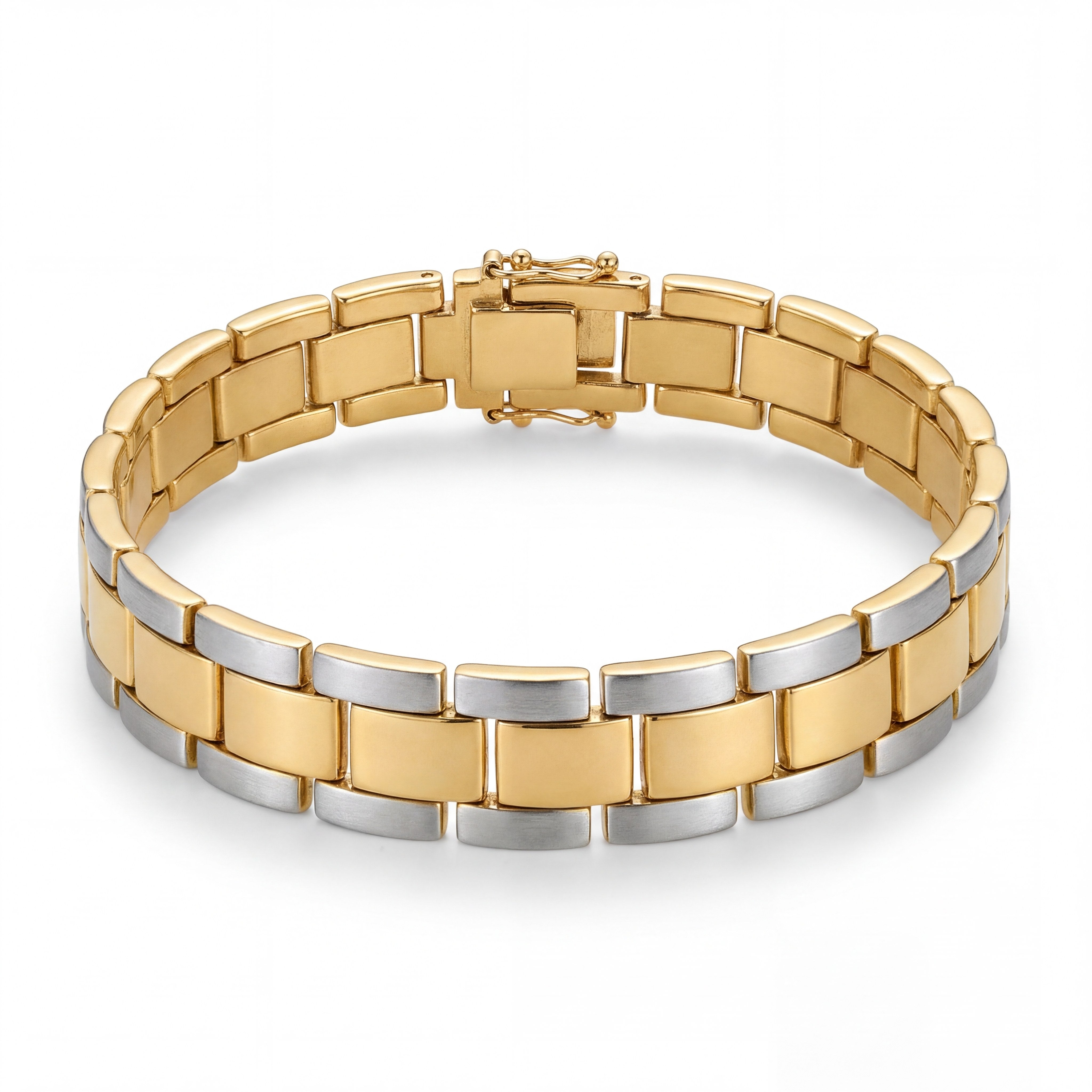 Premium 22K gold bracelet with modern two-tone brick link pattern, sleek handcrafted finish, and luxurious everyday style by Pachchigar Jewellers Ashokbhai.