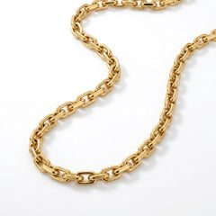 Elegant 22K yellow gold elongated link chain necklace featuring sleek polished interlocking links on a clean white background.