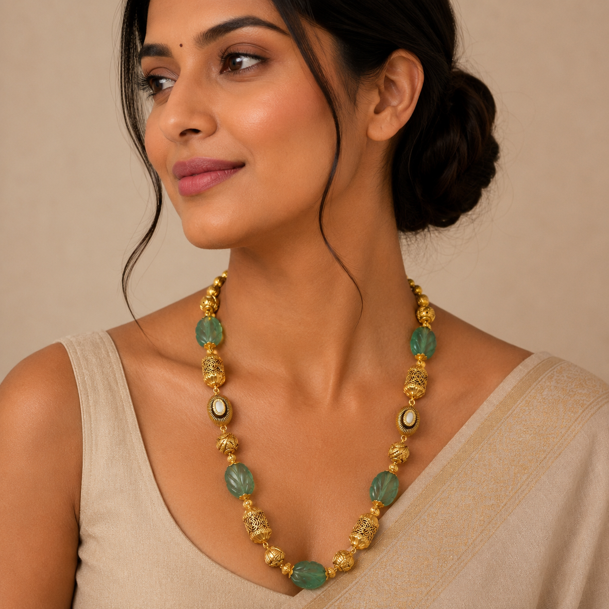 Woman wearing a 22K gold heritage necklace featuring carved emerald-green beads, intricate gold filigree beads, and oval kundan-inspired accents, paired with a beige saree for an elegant traditional look.