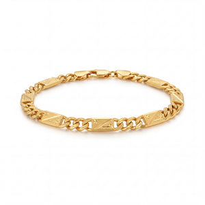 Elegant 22K yellow gold bracelet featuring engraved bar links combined with classic curb chain links and secure clasp on a white background by Pachchigar Jewellers Ashokbhai.