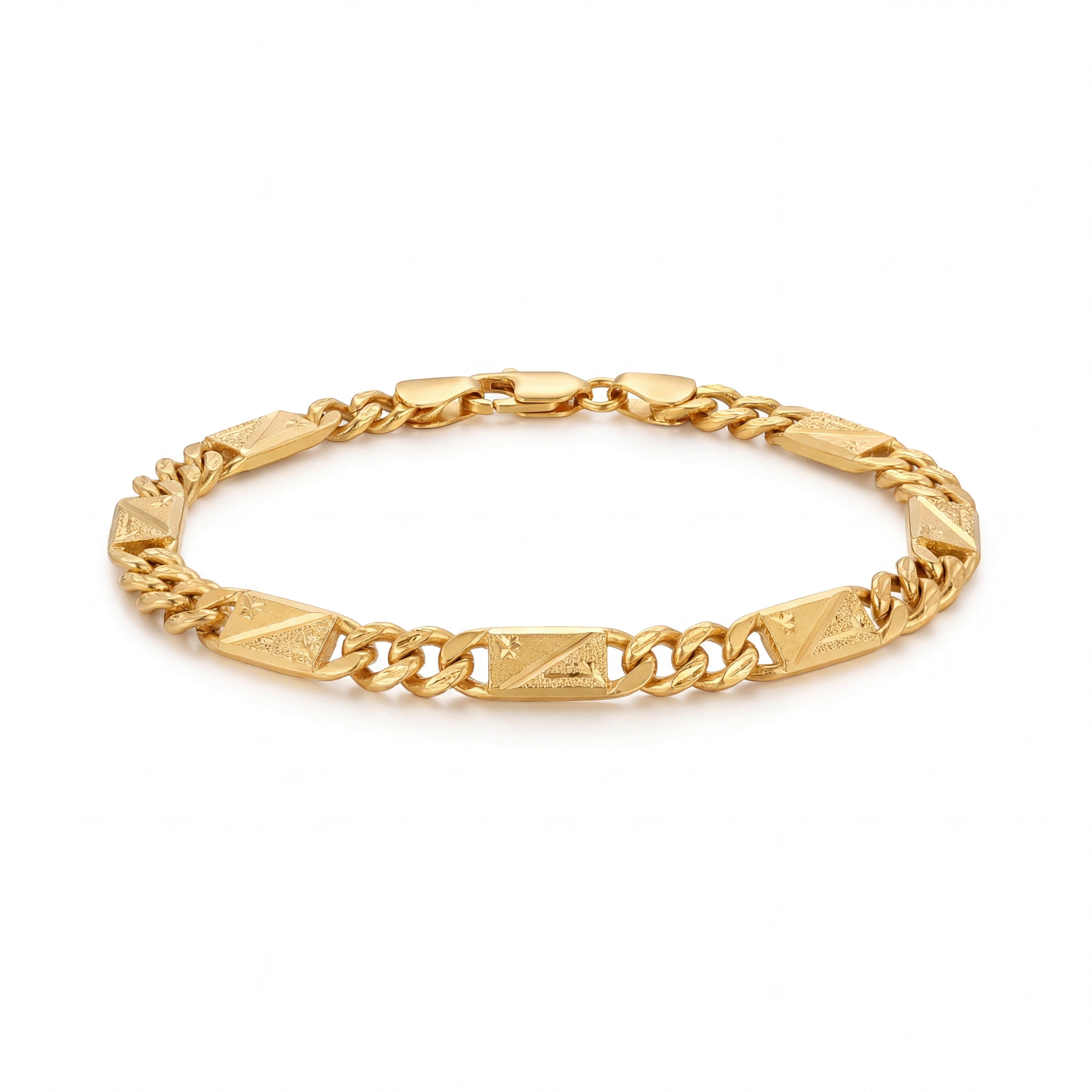 Elegant 22K yellow gold bracelet featuring engraved bar links combined with classic curb chain links and secure clasp on a white background by Pachchigar Jewellers Ashokbhai.